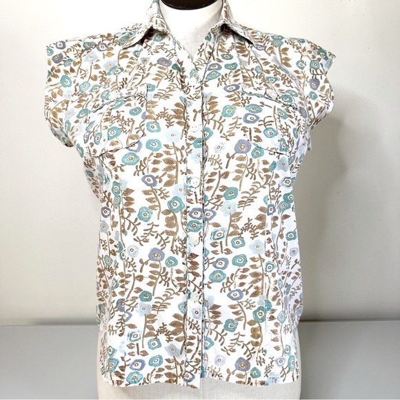 Woolrich 100% Cotton Floral Blouse M Turquoise + Tan - Picture 1 of 9